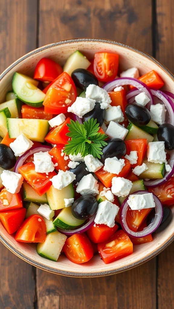 A vibrant Greek salad with cucumbers, tomatoes, red onions, olives, and feta cheese in a rustic bowl.